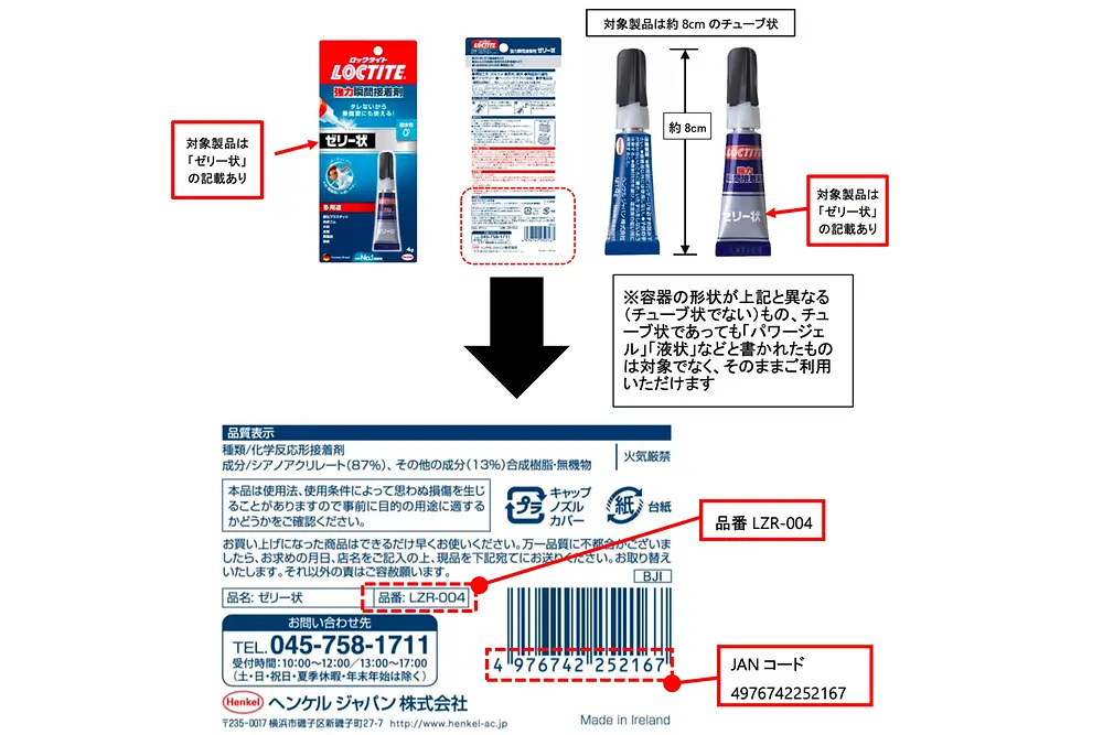 自主回収のお知らせとお詫び ロックタイト強力瞬間接着剤ゼリー状4g