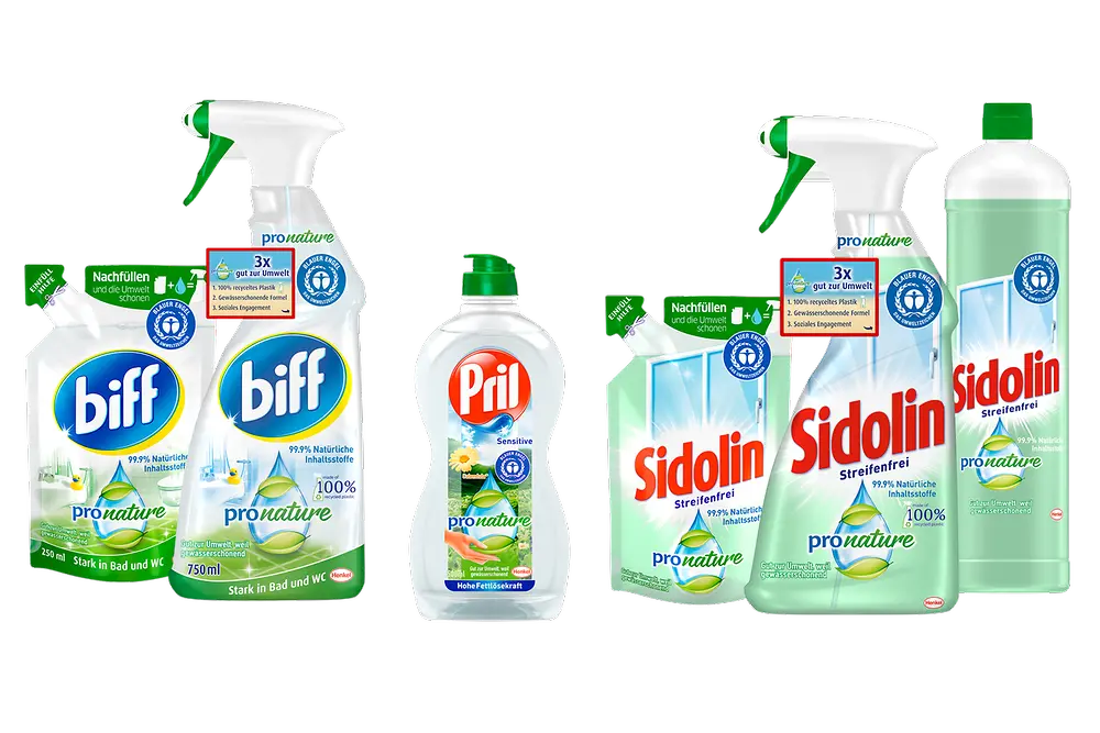 The PET bottles of the Pro Nature range from the brands biff, Sidolin and Pril consist of 100 percent recycled plastic